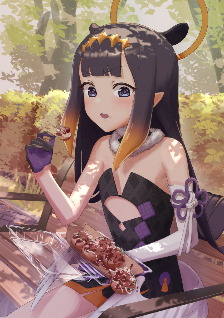 1girl absurdres animal_ears arimoto_wataru asymmetrical_gloves bangs bare_shoulders bench black_dress black_gloves black_hair blue_eyes blunt_bangs blush commentary dress eating extra_ears eyebrows_visible_through_hair flat_chest food fur_collar gloves gradient_hair hair_ornament halo hand_up highres holding holding_food hololive hololive_english long_hair looking_at_viewer multicolored_hair ninomae_ina'nis on_bench open_mouth orange_hair outdoors pointy_ears purple_gloves shadow sidelocks sitting solo strapless strapless_dress takoyaki tentacle_hair tree two-tone_gloves virtual_youtuber