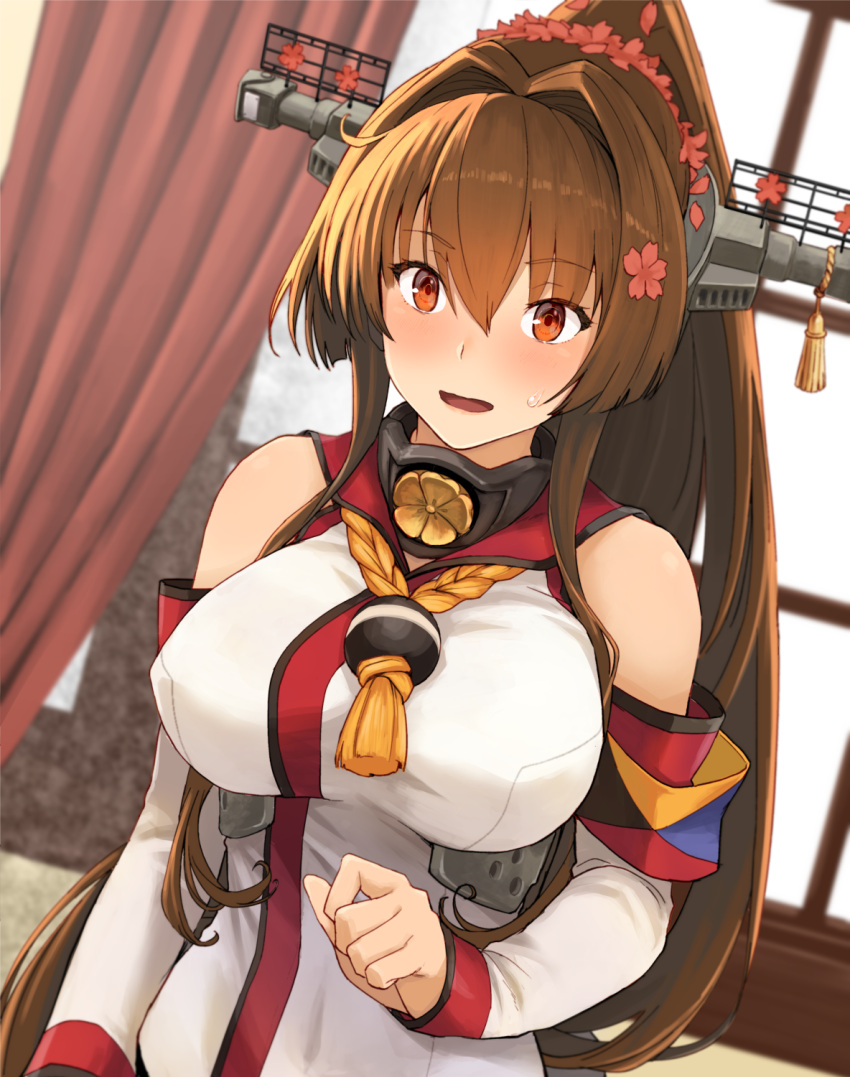 1girl breasts brown_eyes brown_hair cherry_blossoms detached_sleeves flower hair_flower hair_intakes hair_ornament headgear high_ponytail highres kantai_collection large_breasts long_hair ponytail shirt sidelocks solo upper_body watanore white_shirt yamato_(kancolle) z_flag