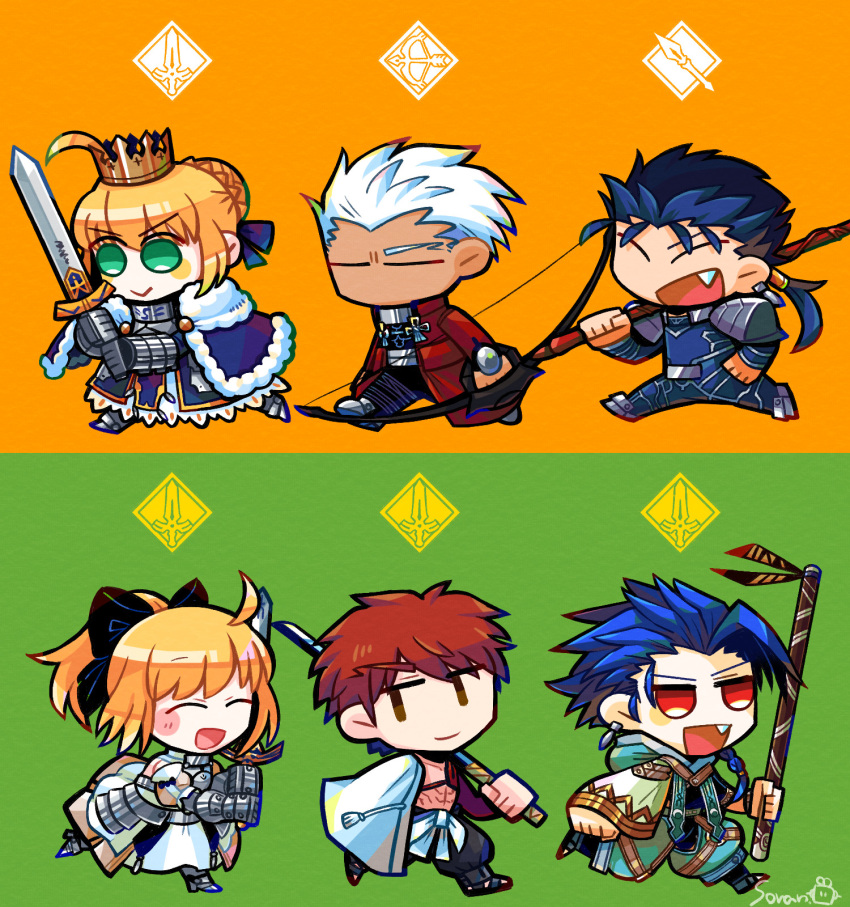 2girls 4boys abs ahoge archer_(fate) armor armored_dress artist_name artoria_pendragon_(all) blonde_hair blue_hair bow_(weapon) caliburn_(fate) chibi closed_eyes commentary_request crown cu_chulainn_(fate)_(all) cu_chulainn_(fate/stay_night) dark_skin earrings emiya_shirou excalibur_(fate/stay_night) eyebrows_visible_through_hair fang fate/grand_order fate_(series) gae_bolg_(fate) green_background green_eyes hair_bun highres holding holding_bow_(weapon) holding_polearm holding_spear holding_sword holding_weapon jewelry long_sleeves multiple_boys multiple_girls open_mouth orange_background orange_hair polearm ponytail red_eyes saber saber_lily senji_muramasa_(fate) setanta_(fate) simple_background smile soran_ten spear sword tongue two-tone_background watermark weapon white_hair