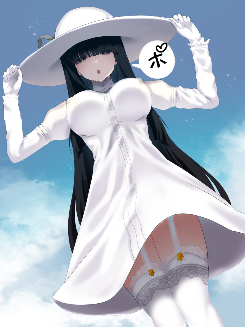 1girl bangs black_eyes black_hair blue_sky blunt_bangs breasts day dress dutch_angle from_below garter_straps gloves hasshaku-sama hat highres large_breasts long_hair long_sleeves looking_at_viewer okuri_banto original outdoors sky sun_hat tall_female thigh-highs white_dress white_gloves white_legwear