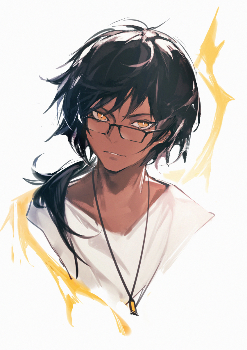 1boy arknights bangs black_hair commentary dark-skinned_male dark_skin fanshu glasses highres jewelry long_hair looking_at_viewer looking_over_eyewear male_focus necklace official_alternate_costume orange_eyes parted_lips ponytail shirt simple_background smile solo thorns_(arknights) thorns_(comodo)_(arknights) upper_body white_background white_shirt