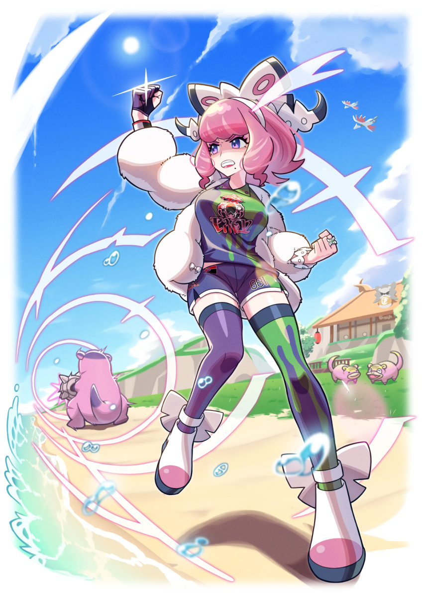 1girl arm_up asymmetrical_legwear bangs bracelet breasts building clenched_hands clenched_teeth clouds collared_shirt commentary_request day dynamax_band eire_(sai_fuji) eyelashes eyeshadow fur_jacket galarian_form galarian_slowbro galarian_slowpoke gen_2_pokemon gen_8_pokemon gloves grass highres jacket jewelry klara_(pokemon) knees lens_flare makeup mismatched_legwear mole mole_under_mouth number outdoors partially_fingerless_gloves pink_eyeshadow pink_hair pink_lips pokemon pokemon_(creature) pokemon_(game) pokemon_swsh ring sand shirt shoes shore shorts single_glove skarmory sky standing sun teeth thigh-highs violet_eyes water water_drop white_jacket