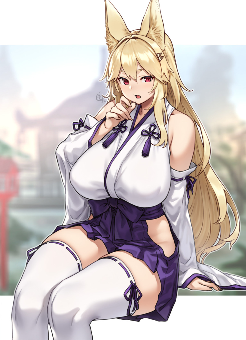 1girl animal_ears bangs blonde_hair blue_skirt blurry blurry_background blush breasts detached_sleeves fox_ears highres hip_vent houtengeki japanese_clothes kimono large_breasts long_hair looking_at_viewer open_mouth original red_eyes sitting skirt sleeveless sleeveless_kimono solo thigh-highs thighs white_kimono white_legwear wide_sleeves