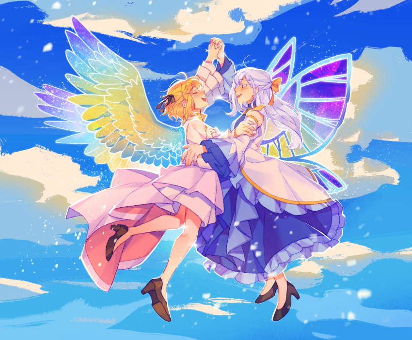 2girls ahoge anisphia_wynn_palettia black_footwear blonde_hair blue_dress blue_sky blush brown_footwear clouds commentary_request dress esther980174 euphyllia_magenta flying full_body grey_hair hair_ribbon hand_on_another's_arm high_heels highres holding_hands interlocked_fingers light_particles long_hair long_sleeves looking_at_another midair multiple_girls open_mouth ribbon short_hair sky smile tensei_oujo_to_tensai_reijou_no_mahou_kakumei white_dress wings yellow_ribbon yuri