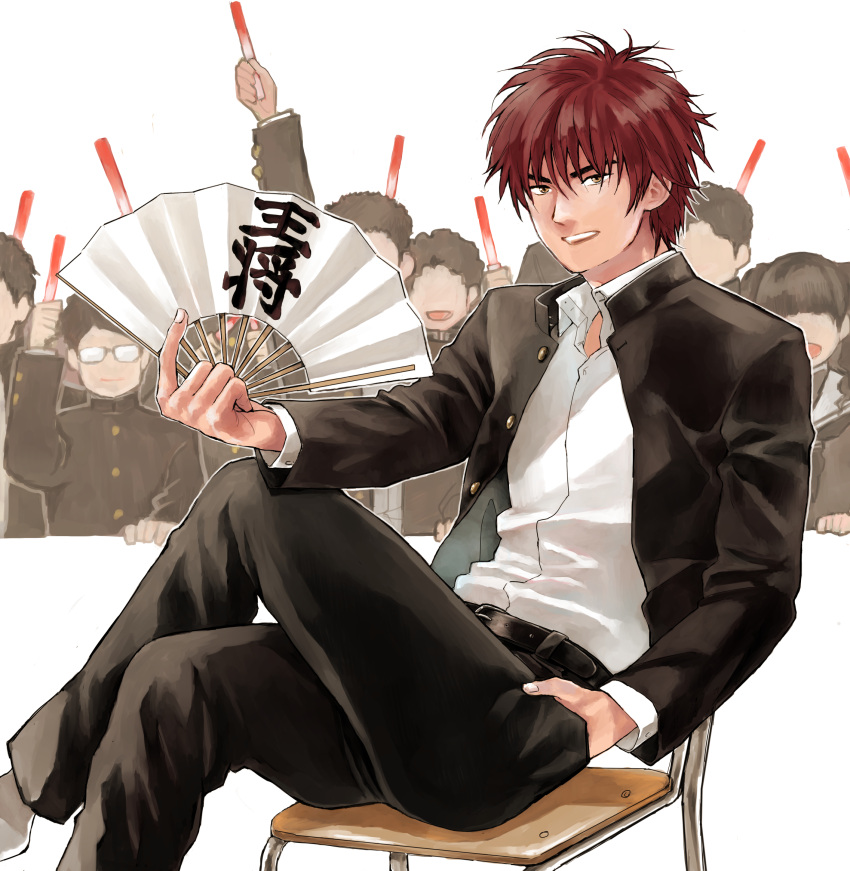 1girl 6+boys bangs black_jacket black_pants chair crossed_legs crowd daiagonaruran dress_shirt gakuran hand_fan hand_in_pocket hands_up highres hikaru_no_go holding holding_fan jacket kaga_tetsuo looking_at_viewer multiple_boys on_chair open_clothes open_jacket pants paper_fan parted_lips redhead school_chair school_uniform shirt short_hair sitting solo_focus spiky_hair translation_request white_shirt