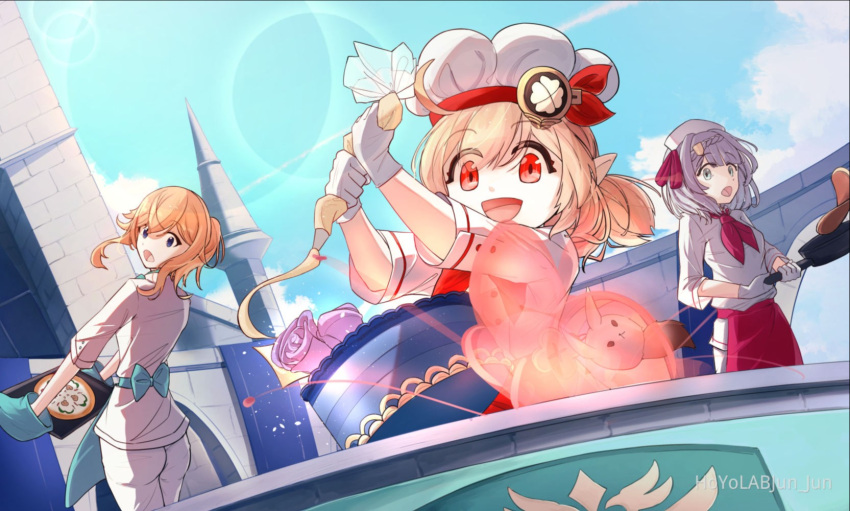 3girls :d ahoge alternate_costume bangs blonde_hair blunt_bangs bow braid cake chef_hat chef_uniform clover_print cream dodoco_(genshin_impact) explosion eyebrows_visible_through_hair food frying_pan genshin_impact gloves grey_eyes hair_between_eyes hair_bow hair_ornament hair_ribbon hat highres holding jean_(genshin_impact) june20544782 klee_(genshin_impact) light_brown_hair long_hair long_sleeves looking_back low_twintails mittens multiple_girls noelle_(genshin_impact) open_mouth pancake pizza pointy_ears ponytail pot red_eyes ribbon short_hair sidelocks silver_hair single_braid smile twintails white_gloves