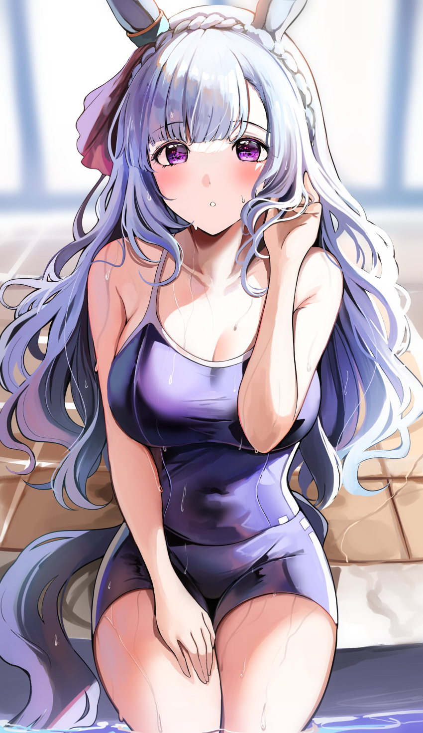 1girl absurdres animal_ears bangs bare_arms bare_shoulders blue_hair blue_swimsuit blunt_bangs blush braid breasts covered_navel cowboy_shot crown_braid eyebrows_visible_through_hair hand_in_hair hand_on_own_thigh hand_up highres horse_ears horse_girl horse_tail large_breasts long_hair looking_at_viewer mejiro_ardan_(umamusume) one-piece_swimsuit parted_lips sak_(lemondisk) sitting solo swimsuit tail umamusume very_long_hair violet_eyes wet