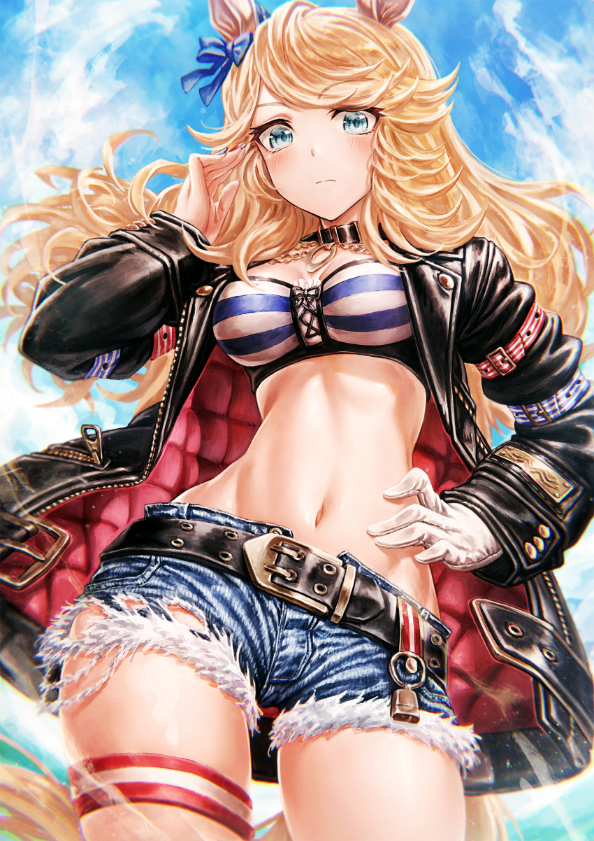 1girl animal_ears bandeau bangs bell belt black_belt black_choker black_jacket blonde_hair blue_eyes blue_sky blush bow breasts chain choker closed_mouth clouds commentary cowboy_shot cutoffs day denim denim_shorts ear_bow ear_covers eyebrows_visible_through_hair from_below gloves gold_chain gold_city_(umamusume) groin hand_on_hip hand_up highres horse_ears horse_girl horse_tail jacket lain long_hair long_sleeves looking_at_viewer medium_breasts midriff navel open_clothes open_jacket short_shorts shorts sidelocks single_glove skindentation sky solo standing striped_bandeau swept_bangs tail thigh_strap umamusume white_gloves