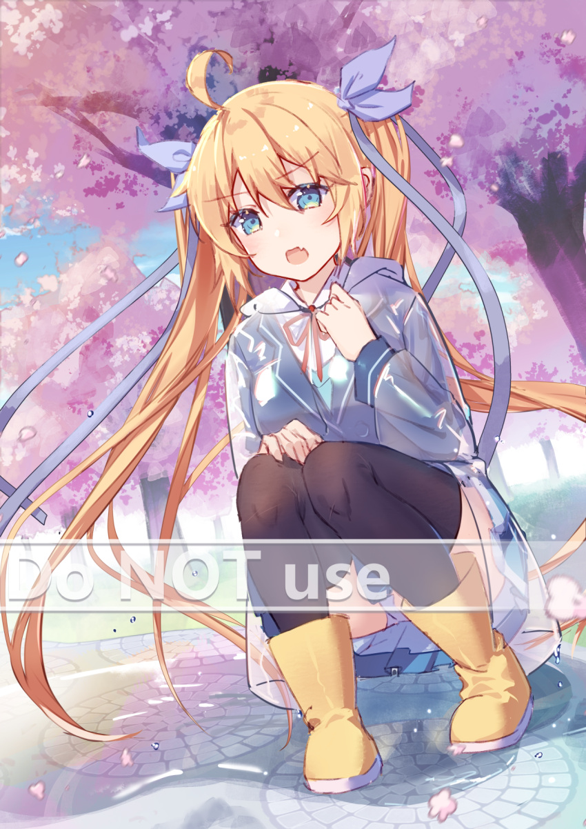 1girl ahoge bangs black_legwear blazer blonde_hair blue_eyes blue_jacket blue_panties blue_ribbon blue_skirt boots brown_footwear collared_shirt commentary_request day english_text eyebrows_visible_through_hair fang hair_between_eyes hair_ribbon highres jacket long_hair mo_(pixiv9929995) neck_ribbon open_mouth original outdoors panties petals pleated_skirt raincoat red_ribbon ribbon see-through shallow_water shirt skirt solo squatting sweater_vest thigh-highs tree twintails underwear very_long_hair water watermark white_shirt