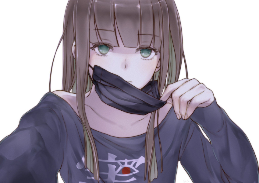 1boy artist_request bangs bare_shoulders black_shirt brown_hair closed_mouth crossdressinging green_eyes gretel_(sinoalice) hair_between_eyes highres holding long_hair looking_at_viewer mask mouth_mask otoko_no_ko reality_arc_(sinoalice) shirt simple_background sinoalice solo white_background