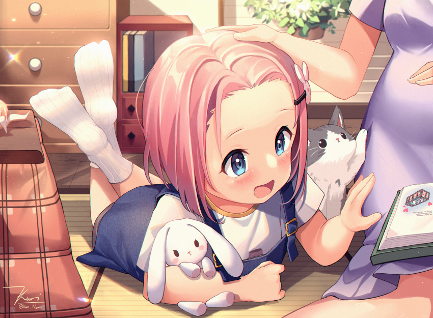 2girls blue_dress book cat child dress feet forehead hair_ornament hairclip hand_on_another's_head hand_on_another's_thigh hand_on_own_stomach head_out_of_frame highres indoors kotatsu kuri_(animejpholic) legs_up lying mother_and_daughter multiple_girls object_hug on_floor on_stomach open_mouth original pink_hair pregnant purple_dress shirt short_hair short_sleeves sitting smile socks soles stuffed_animal stuffed_bunny stuffed_toy table tatami thighs white_footwear white_shirt