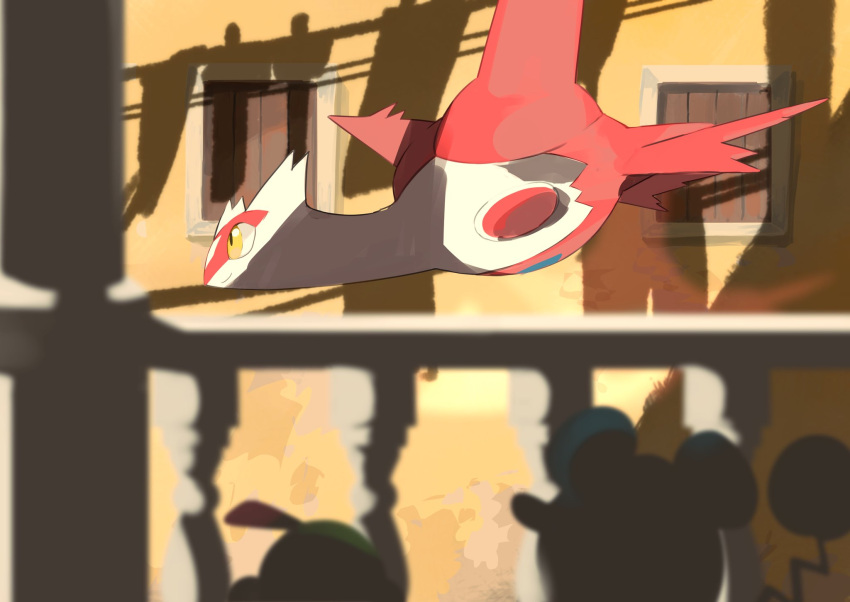 closed_mouth day fence flying fukafuka gen_2_pokemon gen_3_pokemon highres latias legendary_pokemon marill natu no_humans pokemon pokemon_(creature) smile window yellow_eyes