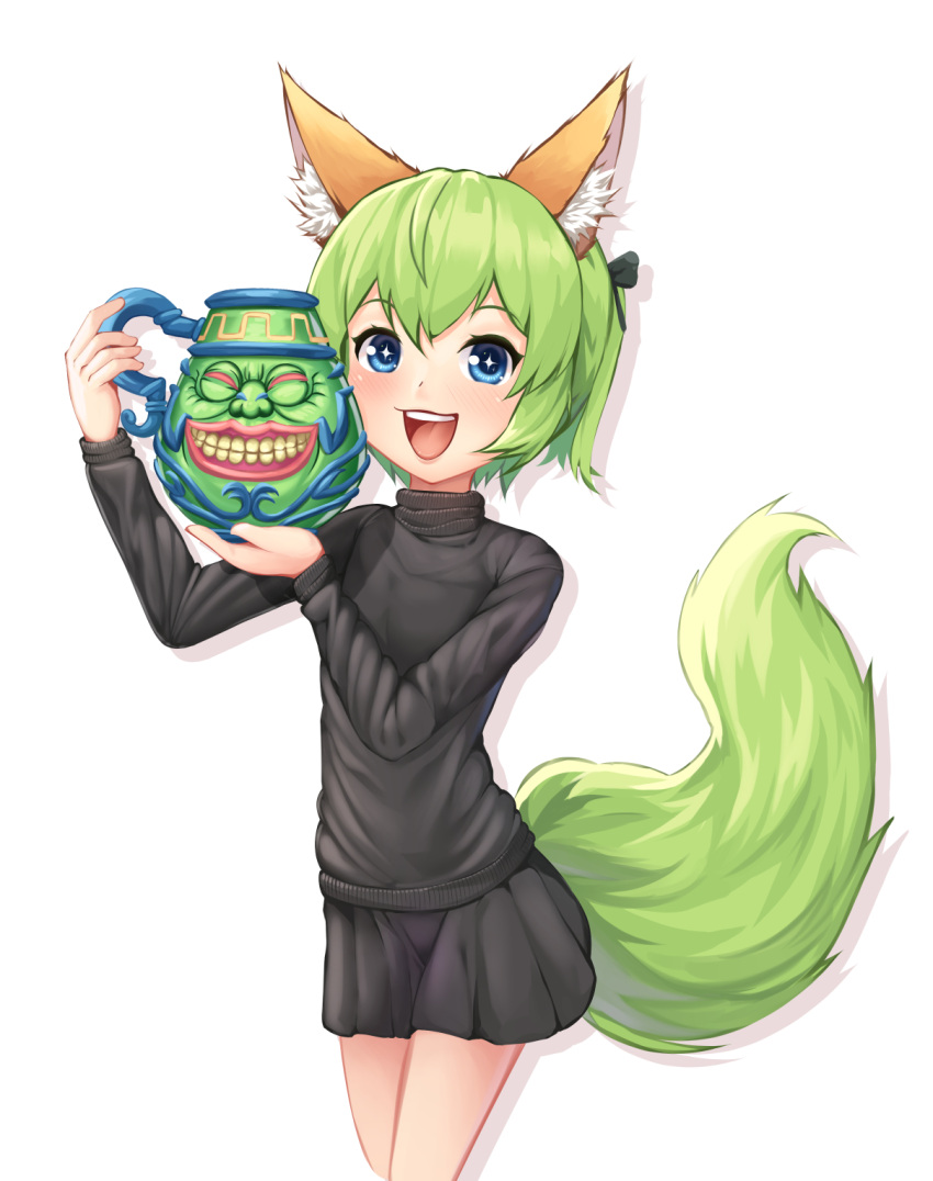 +_+ 1girl :d animal_ear_fluff animal_ears batazungharn black_shirt black_skirt blue_eyes green_hair highres holding holding_pot long_sleeves looking_at_viewer open_mouth original pot pot_of_greed shirt short_hair simple_background skirt smile solo standing sweater tail white_background yu-gi-oh!