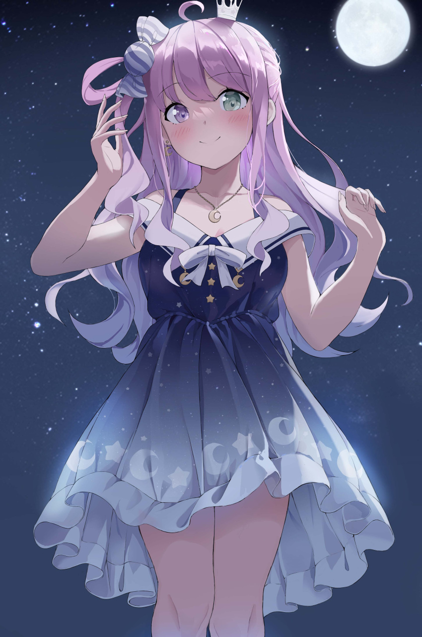 1girl absurdres ahoge bangs blush bow candy_hair_ornament collarbone crown dress earrings eyebrows_visible_through_hair fingernails food-themed_hair_ornament frilled_dress frills full_moon gradient_hair green_eyes hair_ornament hair_rings heterochromia highres himemori_luna hololive jewelry kiro_(kirotayu) long_fingernails long_hair looking_at_viewer mini_crown moon multicolored_hair night night_sky one_side_up outdoors pink_hair princess purple_hair ribbon sky smile solo violet_eyes virtual_youtuber wavy_hair