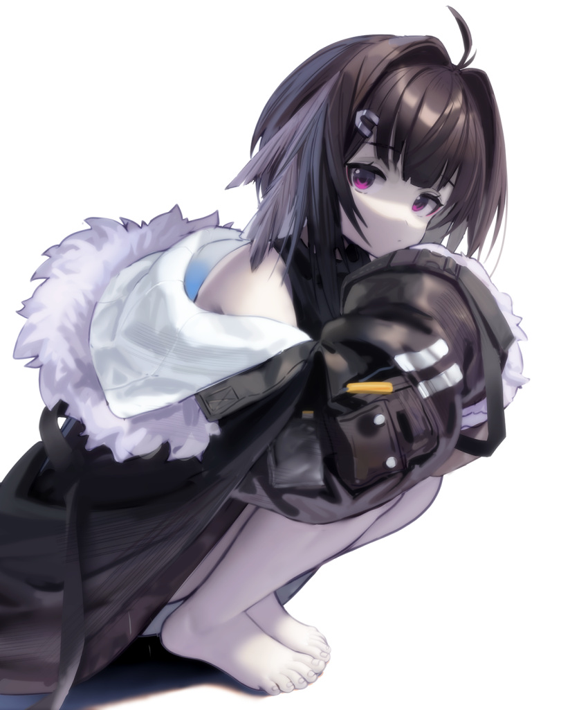 1girl ahoge arknights barefoot black_coat black_hair closed_mouth coat commentary expressionless feather_hair full_body fur-trimmed_coat fur_trim hair_ornament hairclip highres knees_to_chest la_pluma_(arknights) looking_at_viewer medium_hair off_shoulder pale_skin simple_background solo songchuan_li squatting toes violet_eyes white_background