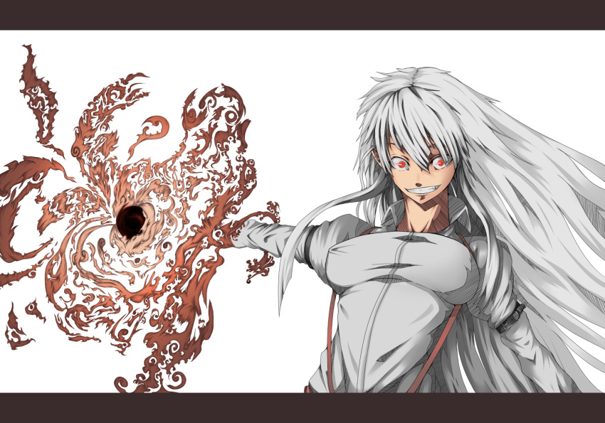 breasts crazy_eyes fang fire fujiwara_no_mokou grin impossible_clothes impossible_shirt large_breasts long_hair long_sleeves magic outstretched_arm outstretched_hand red_eyes shirt silver_hair smile solo supu suspenders touhou