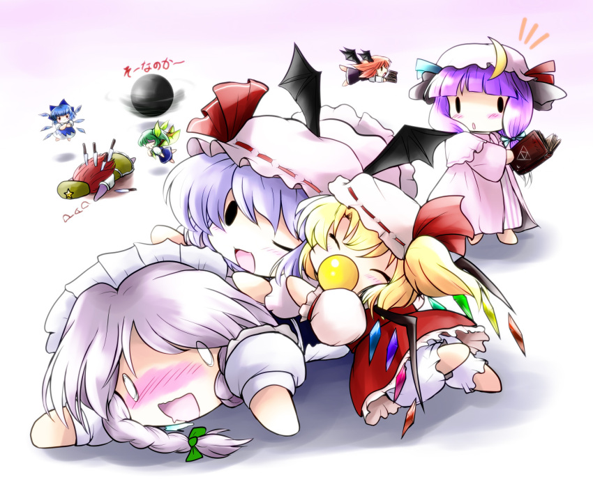 0_0 :d ^_^ bat_wings blonde_hair blue_hair chibi cirno closed_eyes crescent daiyousei drooling duplicate fallen_down flandre_scarlet flying green_hair hat head_wings highres hong_meiling is_that_so izayoi_sakuya knife koakuma open_mouth pacifier patchouli_knowledge purple_hair red_hair remilia_scarlet rumia saliva silver_hair smile so_moe_i'm_gonna_die! star the_embodiment_of_scarlet_devil touhou wings wink yume_shokunin