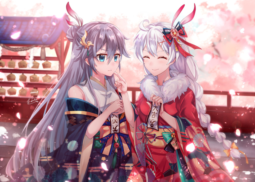 2girls bangs bare_shoulders black_hair blue_eyes bow braid cherry_blossoms chinese_clothes closed_eyes closed_mouth fu_hua hair_between_eyes hair_bow hair_ornament holding holding_paper honkai_(series) honkai_impact_3rd japanese_clothes kiana_kaslana kimono long_hair long_sleeves looking_at_another multiple_girls nekoha_gc outdoors paper petals red_kimono smile twin_braids white_hair yuri