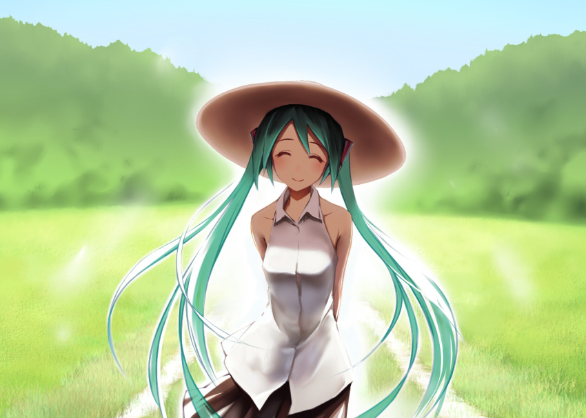 aqua_hair arms_behind_back bare_shoulders blurry closed_eyes hat hatsune_miku hide_e imada_hidehito long_hair nature skirt smile solo twintails very_long_hair vocaloid