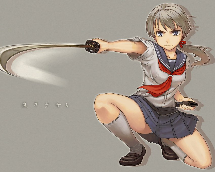 kneehighs original ponytail school_uniform schoolgirl serafuku skirt socks solo squatting sword weapon