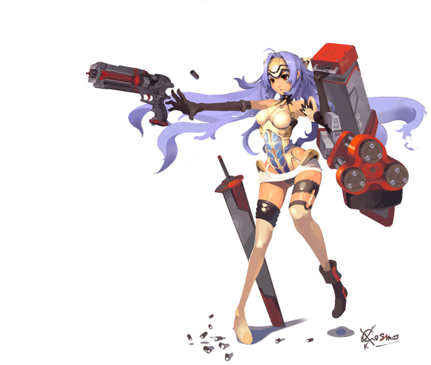 blue_hair bullet elbow_gloves gloves kos-mos long_hair mitu red_eyes thighhighs weapon xenosaga xenosaga_episode_i