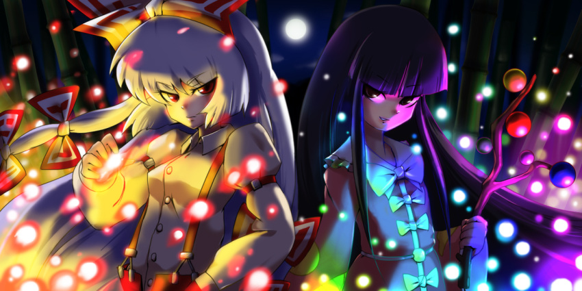 branch danmaku fujiwara_no_mokou full_moon glowing houraisan_kaguya jeweled_branch_of_hourai maruha moon multiple_girls night red_eyes smile touhou