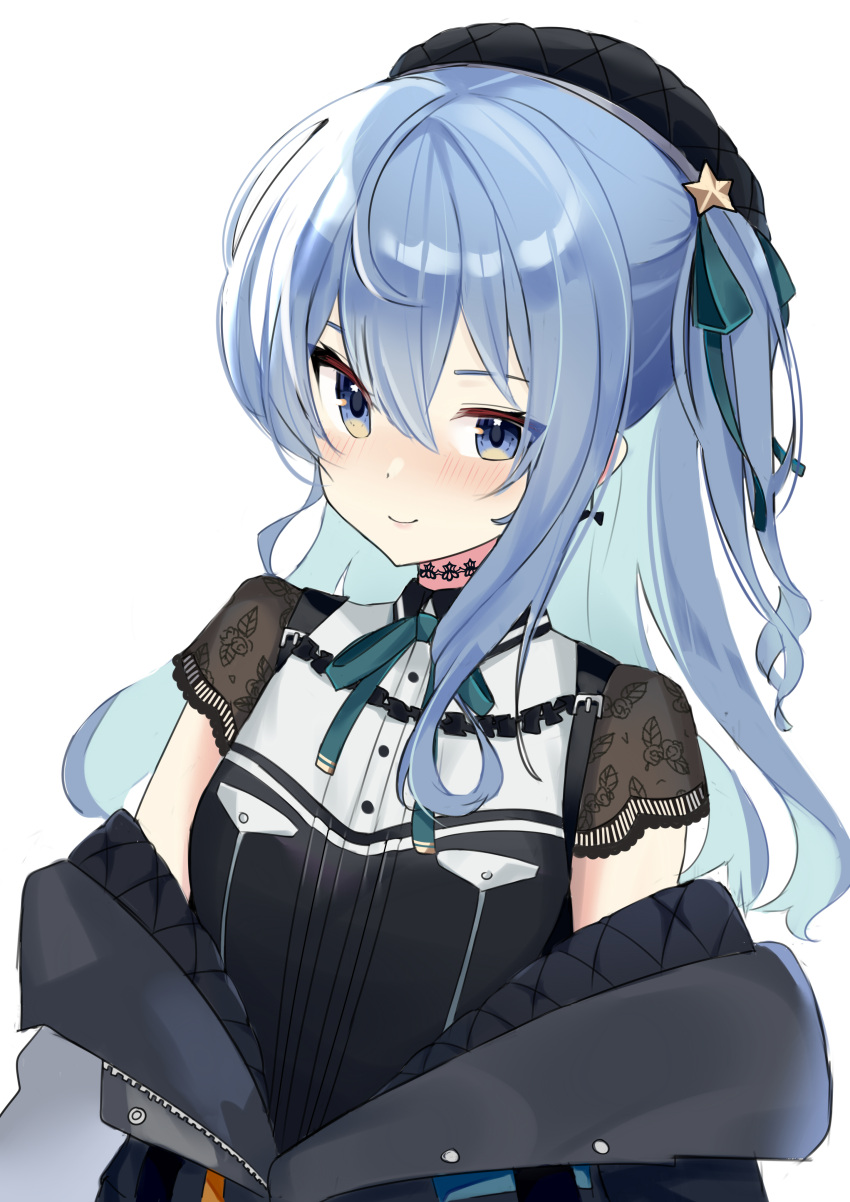 1girl absurdres aqua_neckwear aqua_ribbon bangs black_choker black_headwear black_jacket black_shirt blue_eyes blue_hair choker closed_mouth commentary english_commentary hair_between_eyes hair_ornament hair_ribbon hat highres hololive hoshimachi_suisei jacket lace lace_choker long_hair looking_at_viewer neck_ribbon off_shoulder ribbon shirt short_sleeves simple_background smile solo star_(symbol) star_hair_ornament two_side_up ukei upper_body virtual_youtuber white_background