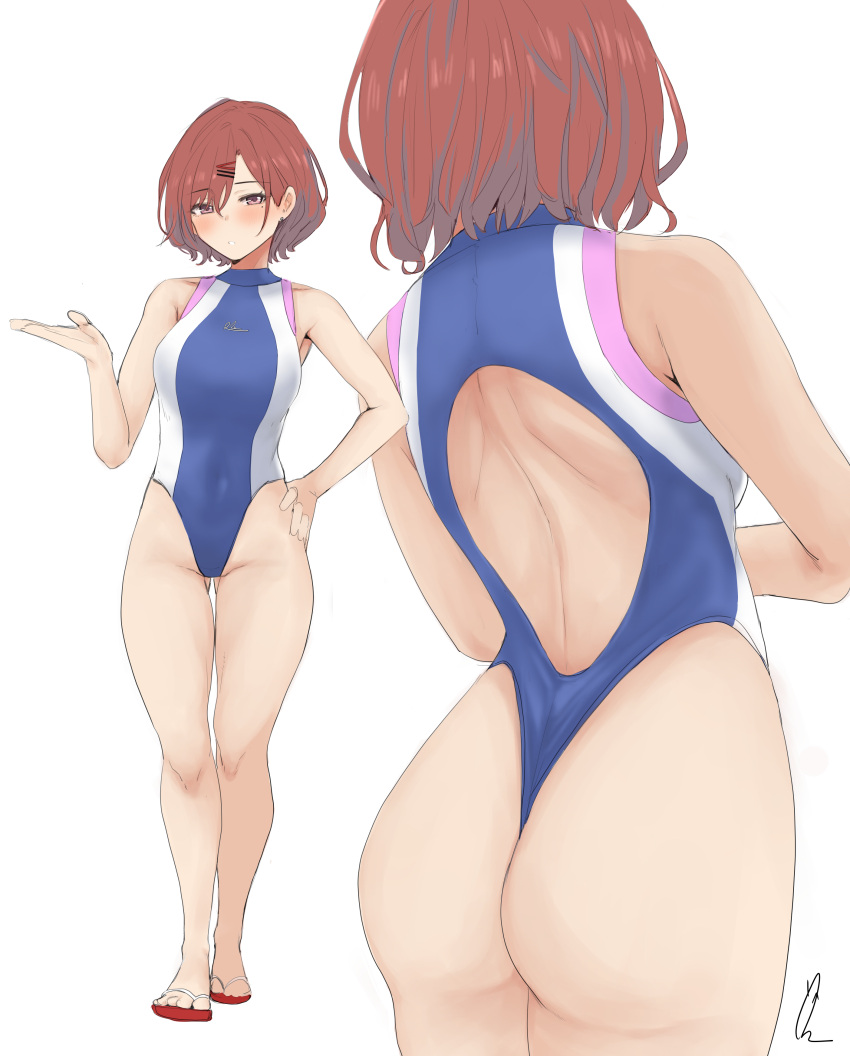 1girl :o absurdres angle ass back_cutout bare_legs bare_shoulders berserkert blush clothing_cutout competition_swimsuit from_behind hand_on_hip hand_up highleg highleg_swimsuit highres higuchi_madoka idolmaster idolmaster_shiny_colors looking_at_viewer one-piece_swimsuit redhead sandals standing swimsuit