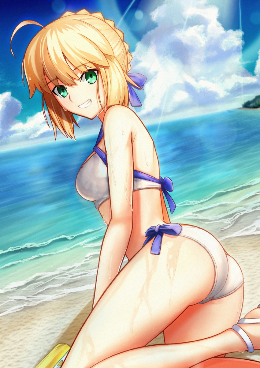 1girl ahoge artoria_pendragon_(all) artoria_pendragon_(swimsuit_archer)_(fate) ass bangs beach bikini blonde_hair blue_ribbon breasts clouds cloudy_sky eyebrows_visible_through_hair fate/grand_order fate_(series) from_side green_eyes hair_ribbon highres hisato_nago lens_flare light_rays looking_at_viewer ribbon sand side-tie_bikini sky small_breasts smile solo sunbeam sunlight swimsuit teeth water water_gun wet white_bikini
