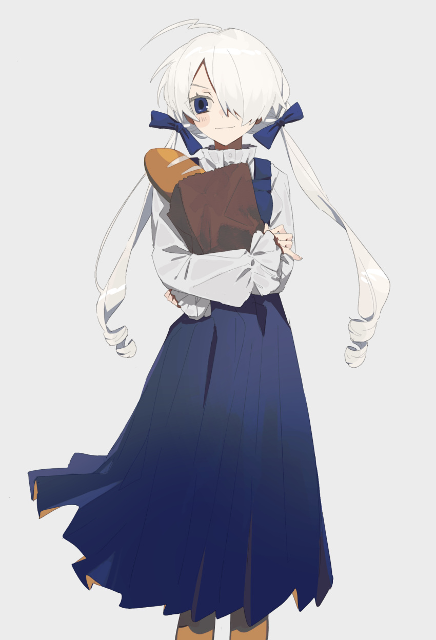 1girl ahoge bag baguette bangs blue_bow blue_eyes blue_skirt blush_stickers bow bread closed_mouth commentary_request drill_hair feet_out_of_frame food grey_background grocery_bag guu_(guu8) hair_bow hair_over_one_eye highres light_smile long_hair long_skirt long_sleeves looking_at_viewer one_eye_covered original pleated_skirt shirt shopping_bag simple_background skirt sleeves_past_wrists solo twintails white_hair white_shirt