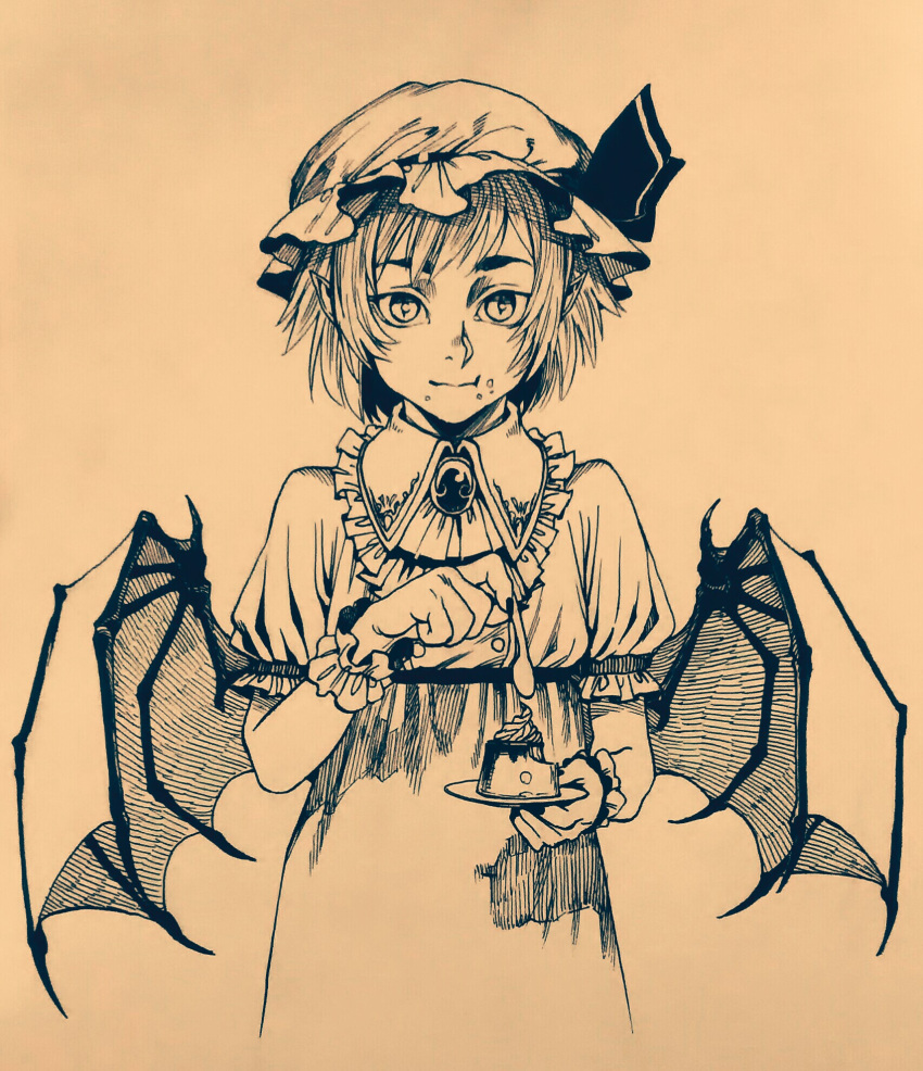 bat_wings brooch cuffs dress eating eyebrows_behind_hair food frilled_dress frills graphite_(medium) hat hat_ribbon highres jewelry mob_cap plate pointy_ears pudding remilia_scarlet ribbon sendai_(nazonomono) slit_pupils spoon thick_eyebrows touhou traditional_media vampire wings
