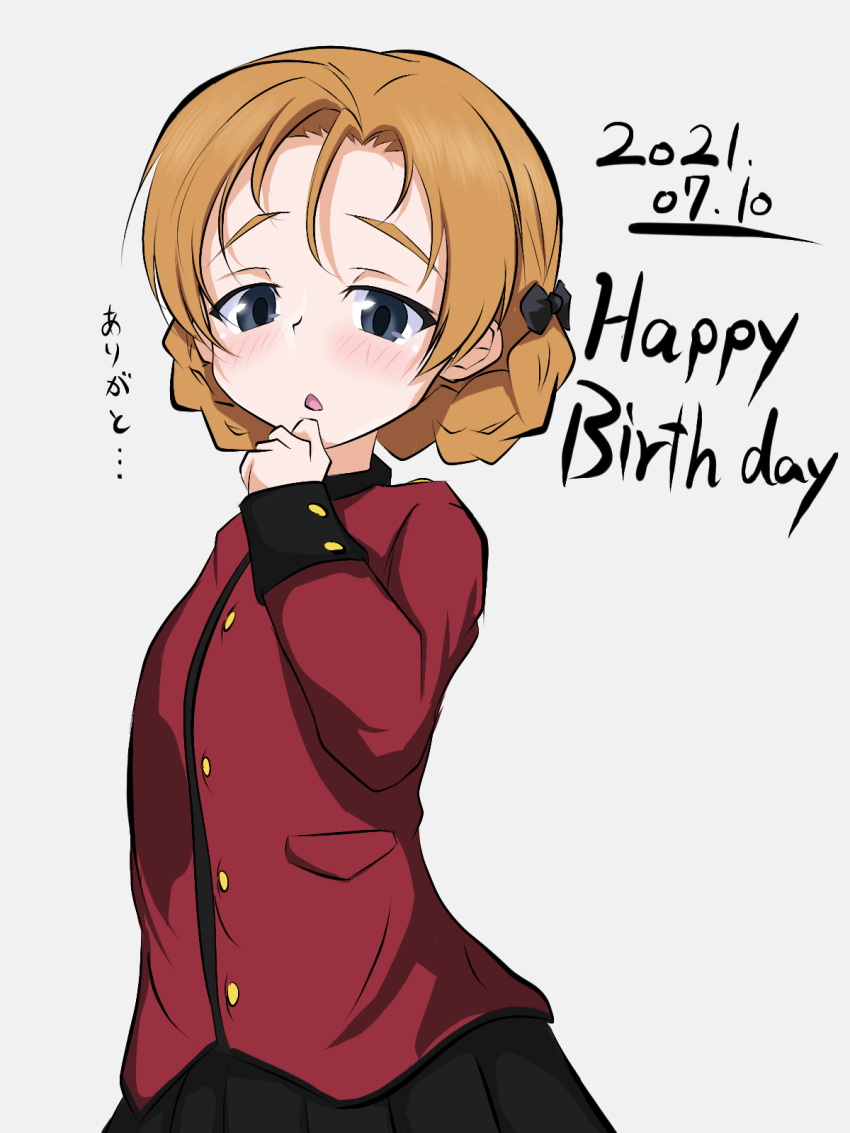 1girl arm_behind_back bangs black_bow black_skirt blue_eyes blush boko_dream bow braid commentary dated english_text girls_und_panzer grey_background hair_bow half-closed_eyes hand_to_own_mouth happy_birthday highres jacket long_sleeves looking_at_viewer military military_uniform open_mouth orange_hair orange_pekoe_(girls_und_panzer) parted_bangs pleated_skirt red_jacket short_hair simple_background skirt solo st._gloriana's_military_uniform standing tied_hair translated twin_braids uniform