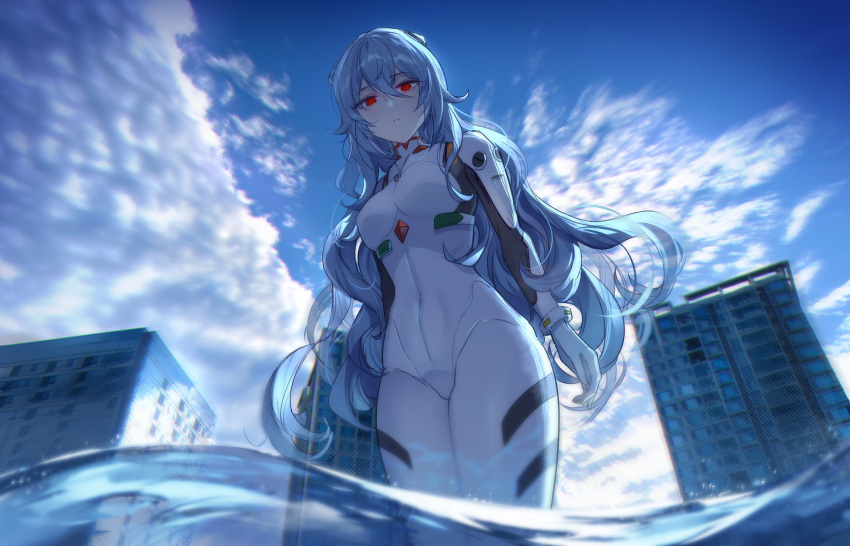 1girl ayanami_rei blue_hair blue_sky breasts clouds domotolain evangelion:_3.0+1.0_thrice_upon_a_time from_below giant giantess hair_between_eyes highres long_hair looking_at_viewer neon_genesis_evangelion parted_lips plugsuit rebuild_of_evangelion red_eyes sky solo