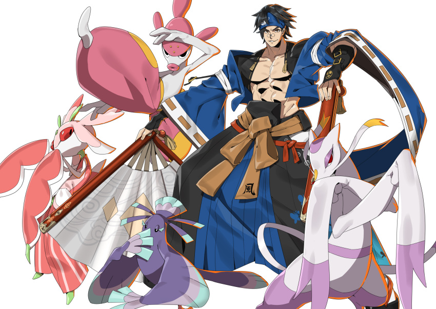 1boy abs absurdres black_gloves blue_headband crossover fingerless_gloves gen_3_pokemon gen_5_pokemon gen_7_pokemon glasses gloves guilty_gear guilty_gear_strive hand_fan headband highres holding japanese_clothes lurantis makai male_focus medicham mienshao mito_anji muscular muscular_male oricorio oricorio_(sensu) pectorals pokemon pokemon_(creature) ribbon-trimmed_sleeves ribbon_trim round_eyewear simple_background white_background wide_sleeves