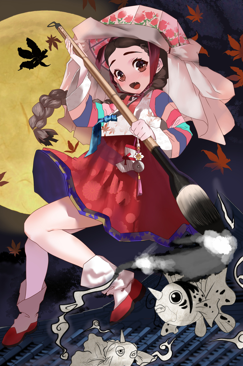 1girl :d absurdres autumn_leaves blush braid braided_ponytail brown_eyes brown_hair commentary english_commentary eyelashes fang floating_hair gen_1_pokemon goldeen high-waist_skirt highres holding long_hair long_sleeves moon n-g night open_mouth outdoors paintbrush partially_colored pokemon pokemon_(creature) red_skirt seaking shirt skirt smile tongue