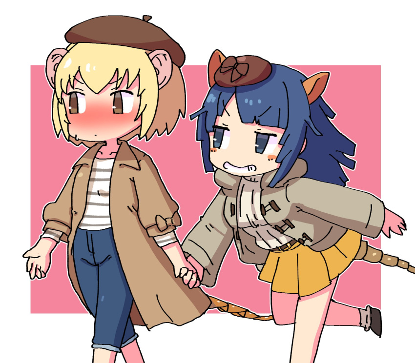 2girls armadillo_ears armadillo_tail beret blonde_hair blue_eyes blue_hair blush brown_coat brown_eyes brown_headwear capri_pants casual coat commentary_request cowboy_shot denim extra_ears eyebrows_visible_through_hair giant_armadillo_(kemono_friends) giant_pangolin_(kemono_friends) grey_jacket hat highres holding_hands hood hood_down jacket jeans kemono_friends kemono_friends_3 long_coat long_hair long_sleeves looking_at_another looking_away multiple_girls nose_blush official_alternate_costume pangolin_ears pangolin_tail pants pleated_skirt pozesuke shirt short_hair short_sleeves skirt smile white_shirt yellow_skirt