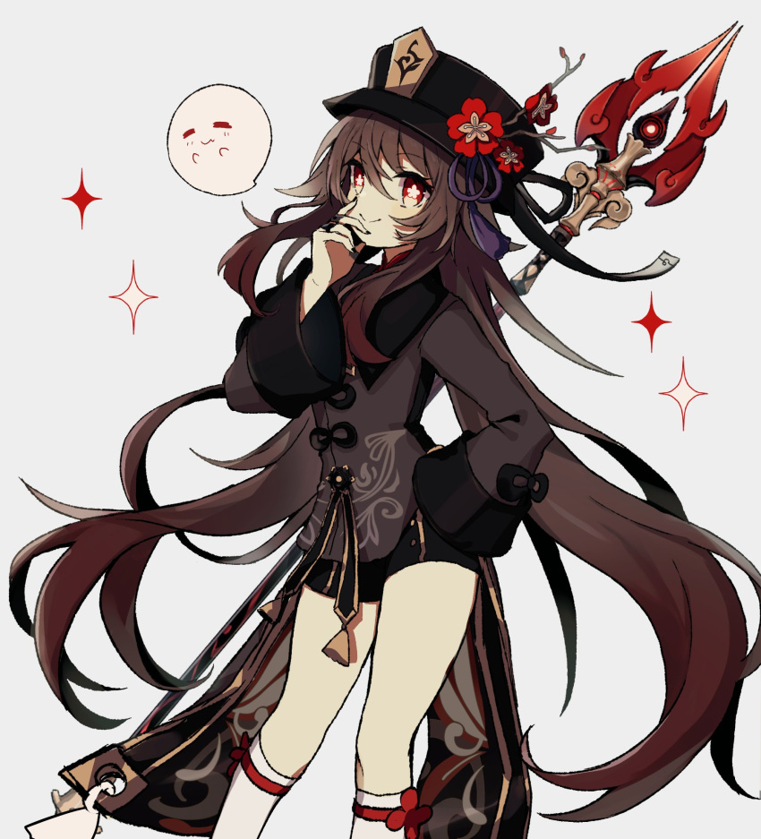 1225ka 1girl bangs black_headwear black_nails black_shirt black_shorts branch brown_hair feet_out_of_frame flower flower-shaped_pupils genshin_impact ghost grey_background hair_flaps hand_on_hip hat hat_flower highres hu_tao_(genshin_impact) jewelry long_hair long_sleeves looking_at_viewer low_twintails multiple_rings plum_blossoms polearm_behind_back red_eyes red_flower ring shirt shorts sidelocks smile socks solo sparkle twintails very_long_hair white_legwear