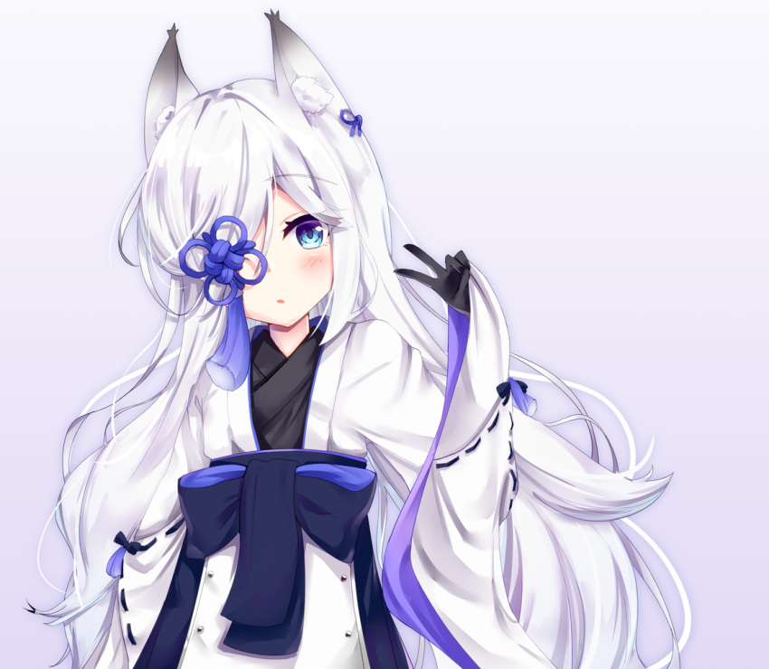 1girl animal_ears azur_lane bangs black_gloves blue_eyes commentary_request eyebrows_visible_through_hair fox_ears fox_girl fox_tail gloves gradient gradient_background hair_over_one_eye japanese_clothes kasumi_(azur_lane) long_hair long_sleeves looking_at_viewer parted_lips ribbon-trimmed_sleeves ribbon_trim sidelocks simple_background solo tail tamariyazuna v white_hair wide_sleeves