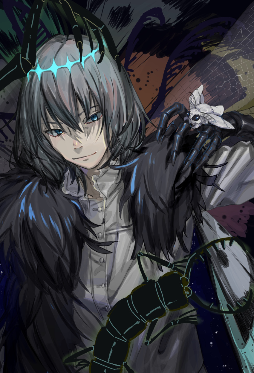 1boy absurdres black_hair blue_eyes bug cape centipede closed_mouth da_mei fate/grand_order fate_(series) fur_trim highres insect insect_wings looking_at_viewer male_focus moth oberon_(fate) shirt smile solo spoilers upper_body white_shirt wings