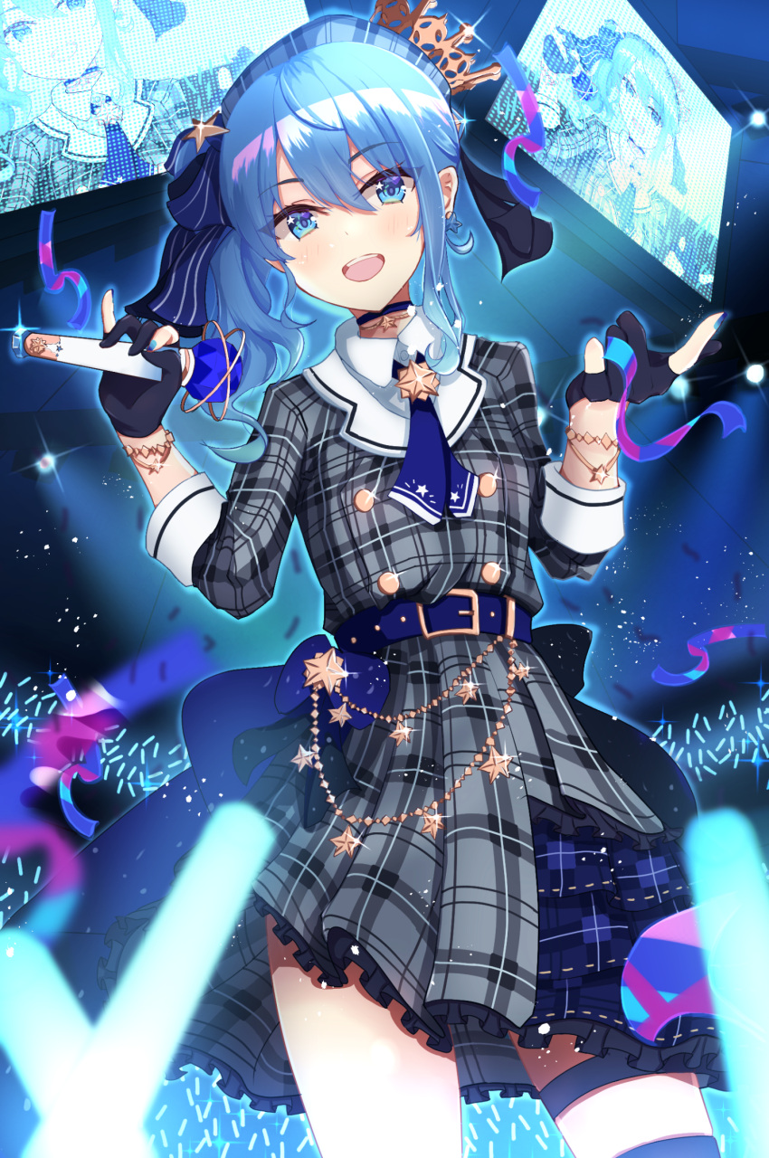 1girl :d ascot bangs belt beret black_gloves blue_belt blue_bow blue_choker blue_eyes blue_hair blue_neckwear blue_ribbon blush bow bow_skirt buttons choker collared_shirt cowboy_shot crown double-breasted earrings gloves glowstick grey_headwear grey_jacket grey_skirt hair_between_eyes hair_ribbon hat highres holding holding_microphone hololive hoshimachi_suisei jacket jewelry long_sleeves looking_at_viewer medium_hair microphone miniskirt nishiki_yuno open_mouth partially_fingerless_gloves pendant plaid plaid_headwear plaid_jacket plaid_skirt ribbon shirt side_ponytail sidelocks skirt skirt_set smile solo stage star_(symbol) star_bracelet star_earrings star_in_eye symbol_in_eye thigh_strap virtual_youtuber white_shirt