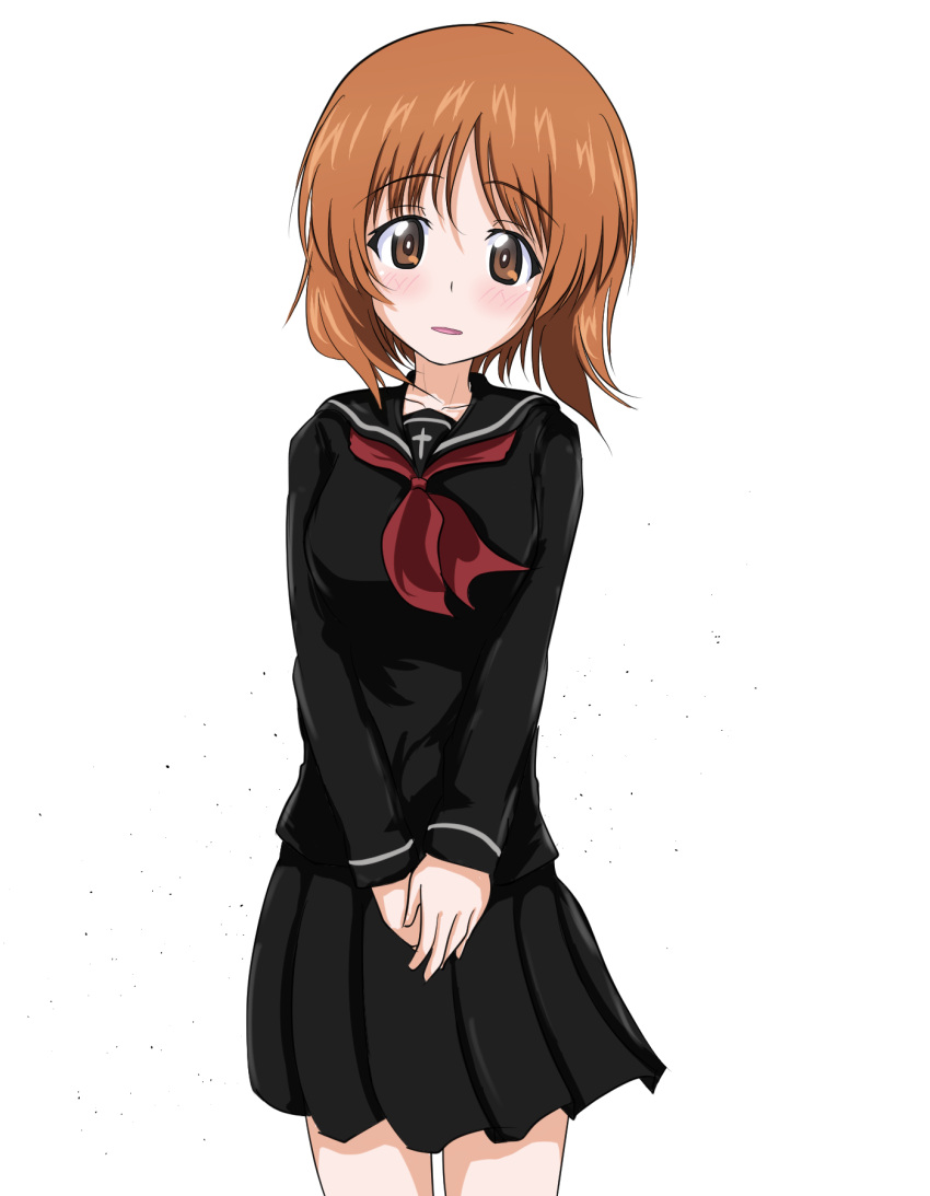 1girl alternate_costume bangs black_blouse black_sailor_collar black_serafuku black_skirt blouse blush boko_dream brown_eyes brown_hair commentary cowboy_shot eyebrows_visible_through_hair girls_und_panzer hands_together head_tilt highres long_hair looking_at_viewer miniskirt neckerchief nishizumi_miho parted_lips pleated_skirt red_neckwear sailor_collar school_uniform serafuku short_hair simple_background skirt smile solo standing v_arms white_background