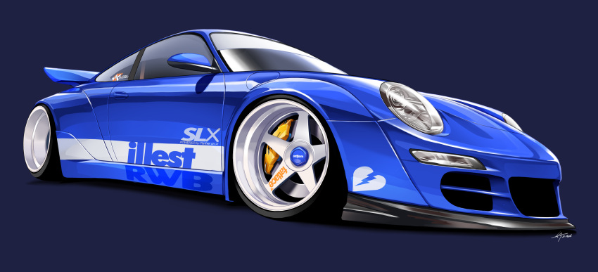 absurdres blue_background car ground_vehicle headlight highres illest_(brand) motor_vehicle no_humans original porsche porsche_911 signature silenxe solo spoiler_(automobile) vehicle_focus