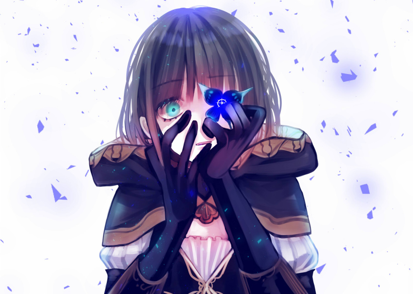 1boy 1girl :o bangs black_butterfly black_gloves brown_hair brown_hood bug butterfly covering_one_eye gloves glowing green_eyes gretel_(sinoalice) hair_between_eyes insect long_sleeves looking_at_viewer open_mouth otoko_no_ko short_hair simple_background sinoalice solo towada-san_(thank39) white_background