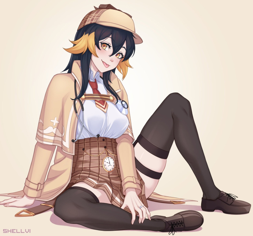 1girl :p between_legs black_hair black_legwear breasts brown_footwear brown_skirt collared_shirt commentary cosplay english_commentary full_body hand_between_legs hat high-waist_skirt highres hoshiko_(shiben) jacket long_hair looking_at_viewer medium_breasts multicolored_hair necktie open_clothes open_jacket original plaid plaid_skirt pocket_watch red_neckwear shellvi shirt shoes short_necktie simple_background sitting skirt smile solo stethoscope thigh-highs tongue tongue_out two-tone_hair watch watson_amelia watson_amelia_(cosplay) white_shirt wing_collar yellow_background yellow_eyes yellow_headwear yellow_jacket