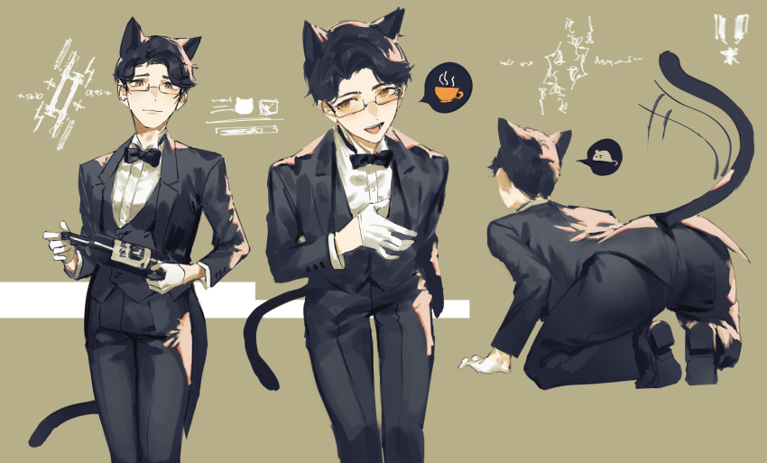 1boy all_fours animal_ears black_footwear black_hair black_jacket black_neckwear black_pants bottle bow bowtie brown_background cat_boy cat_ears closed_mouth coffee_cup collarbone commentary cup disposable_cup english_commentary formal glasses gloves hand_on_own_chest highres holding holding_bottle ishida_(segu_ishida) jacket male_focus mouse multiple_views open_mouth orange_eyes original pants shirt shoe_soles short_hair simple_background slit_pupils smile spoken_object suit very_short_hair waistcoat white_gloves white_shirt wine_bottle