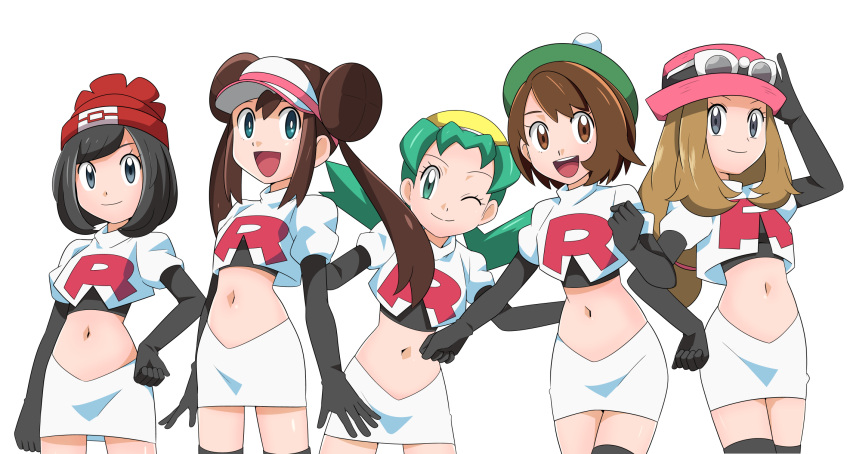 5girls :d ;) bangs beanie black_footwear black_gloves black_hair blue_eyes bob_cut boots bright_pupils brown_eyes brown_hair clenched_hand closed_mouth commentary_request cosplay cropped_jacket double_bun elbow_gloves eyelashes eyewear_on_headwear gloria_(pokemon) gloves green_eyes green_hair green_headwear grey_eyes hainchu hand_on_hip hat highres jacket jessie_(pokemon) jessie_(pokemon)_(cosplay) kris_(pokemon) light_brown_hair long_hair looking_at_viewer medium_hair multiple_girls navel one_eye_closed open_mouth pink_headwear pokemon pokemon_(game) pokemon_bw2 pokemon_gsc pokemon_sm pokemon_swsh pokemon_xy red_headwear rosa_(pokemon) selene_(pokemon) serena_(pokemon) short_hair sidelocks skirt smile sunglasses tam_o'_shanter team_rocket_uniform thigh-highs thigh_boots twintails two-tone_headwear visor_cap white-framed_eyewear white_jacket white_pupils white_skirt yellow_headwear