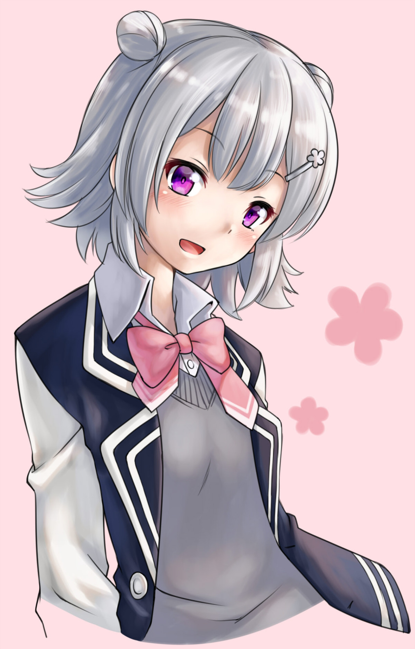 1girl ascot blazer blue_jacket cevio commentary cropped_torso double_bun grey_hair grey_sweater hair_ornament hairclip highres jacket koharu_rikka looking_at_viewer not_makigai open_mouth pink_background pink_neckwear school_uniform short_hair smile solo sweater synthesizer_v upper_body violet_eyes