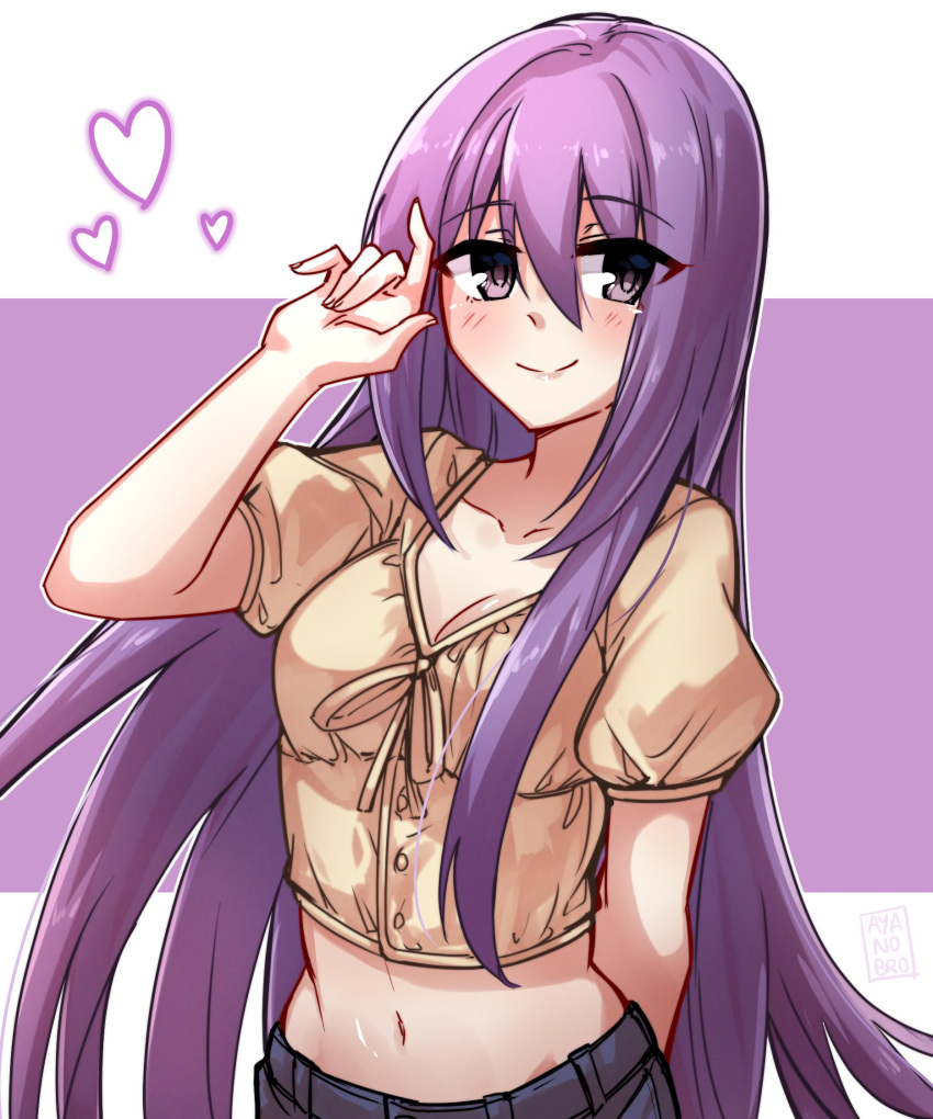 ayanobro bangs blush breasts cleavage gj-bu heart highres long_hair midriff purple_hair smile solo sumeragi_shion very_long_hair violet_eyes waving