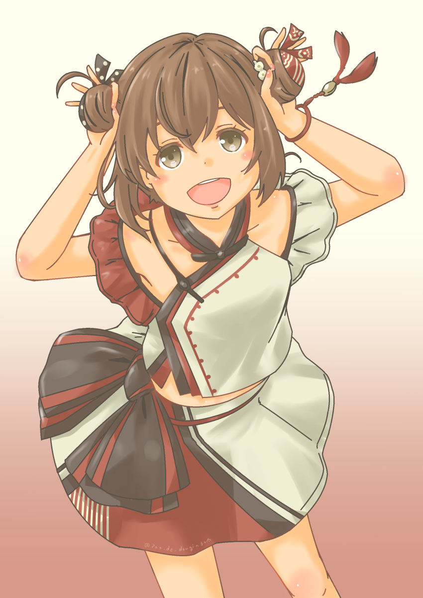 1girl :d absurdres adjusting_hair armpits bangs bracelet brown_eyes brown_hair chinese_clothes commentary_request detached_sleeves double_bun eyebrows_visible_through_hair gradient gradient_background hair_between_eyes hair_ribbon highres jewelry kantai_collection looking_at_viewer open_mouth pot-de ribbon short_hair sidelocks simple_background smile solo tan_yang_(kancolle) yukikaze_(kancolle)