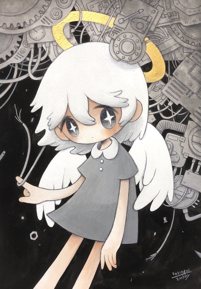 +_+ 1girl angel angel_wings blush dated dress feathered_wings feet_out_of_frame grey_dress grey_eyes hair_between_eyes halo highres index_finger_raised medium_hair no_nose original shadow short_sleeves signature solo white_hair white_wings wings wire zukky000